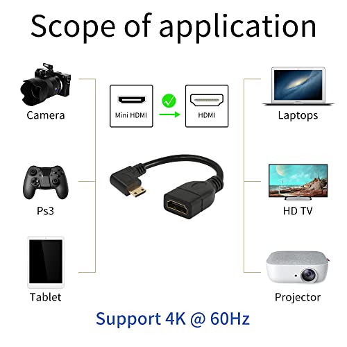 Rieiyoca Mini HDMI kabel 15cm, 90 stupnjeva ugaoni kut mini HDMI muški do HDMI ženski adapter, podrška 1080p Full HD, 3D, za tablet, kameru, grafičku karticu, crni