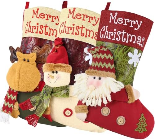 Netmork 21 inča Božićne čarape 3 Pakovanje, velike čarape 3D Santa Snowman Reindeer Xmas karakter, klasično personalizirano božićno skladištenje za porodične praznične ukrase za božićne zabave