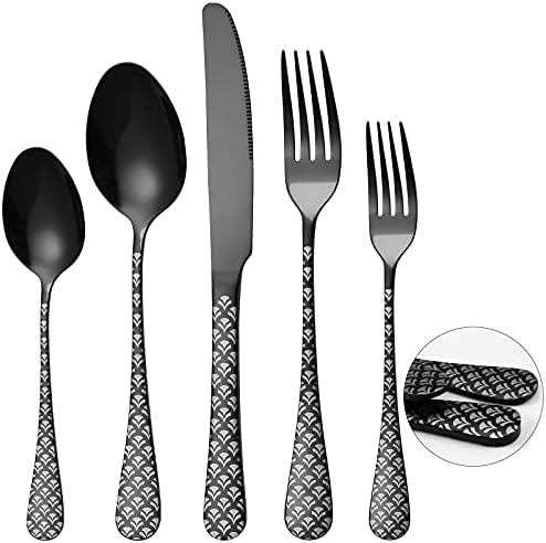 Crni set srebrnog posuđa, Yfbxg 20 komada crni set pribora za jelo, crni set posuđa od nerđajućeg čelika za 4, setovi noževa i viljuški i kašika sa ručkom od Patena (u obliku lepeze, Crna)