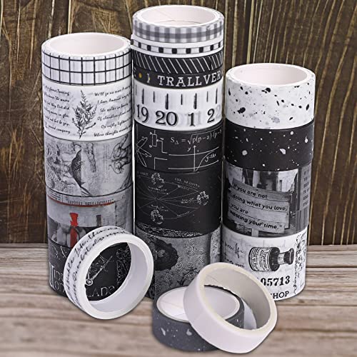 20 Rolls Vintage Washi traka Dekorativne pramene trake za maskiranje Crno-bijela oprema za prašinu sa 5 veličina za DIY Scrapbooking, poklon zamotavanje, poklon poklon, umjetnost i zanat