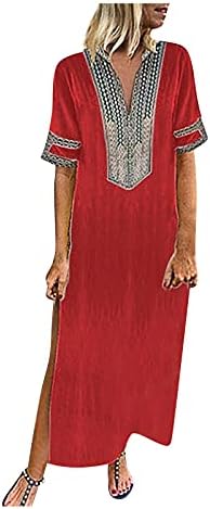 AMXYFBK Ženski kratki rukav V-izrez Duga suknja Solidna boja Bočne proreze Haljine modne labave puls