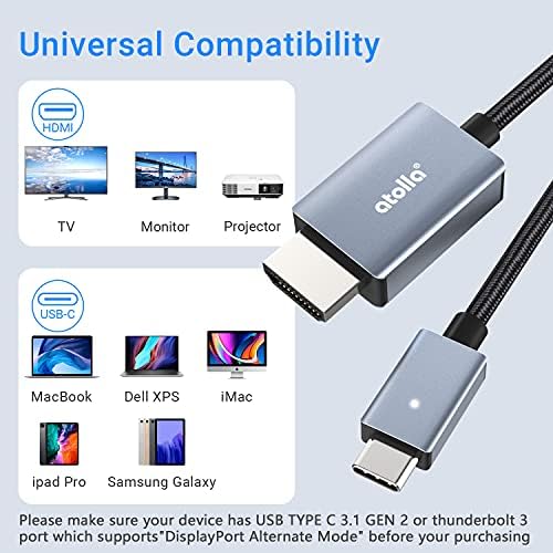 Atolla USB C u HDMI kabl [6FT], 4K USB tip C do HDMI adapter Thunderbolt 3 Kompatibilan sa iPad Pro, MacBook Pro / Air, Samsung Galaxy S20 / S20 Pro S10 S9 S8, Office Pro, USB-C do HDMI kabla