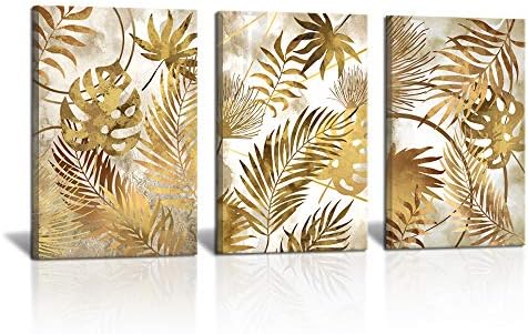 SkenoArt 3 Panel tropska biljka platnena zidni dekor Zlatna slika palminog lista zlatna bijela i siva Monstera slikarstvo umjetničko djelo moderna zidna umjetnost za kupatilo spavaća soba kućna kuhinja spremna za kačenje 12x16 x3kom