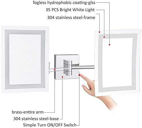Zaahh ogledalo za šminkanje sa svjetlima i 3x uvećanjem, kvadratno hromirano LED zidno ogledalo za kupaonicu, podesivo proširivo ogledalo za brijanje,utikač