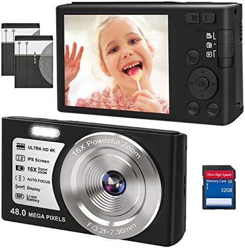 Toauaaha 4K Digitalni fotoaparat za djecu, 16x digitalno zumiranje i kameru za snimanje, 48 MP Automatski