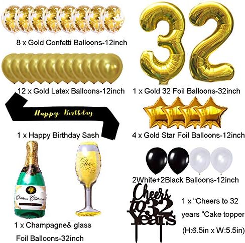 Gold 32. rođendanski ukrasi, navijači do 32 godine Banner baloni, 32. kolač za torte Rođendan, zlatne gumene folije, za 32 rođendana i ukrase rođendana i godišnjice i godišnjice