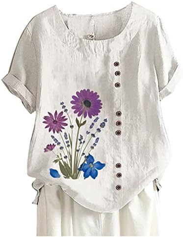 Žene Ljeto pamučno posteljina majica cvjetni kratki rukav Crewneck gumb bluza plus veličina casual labava