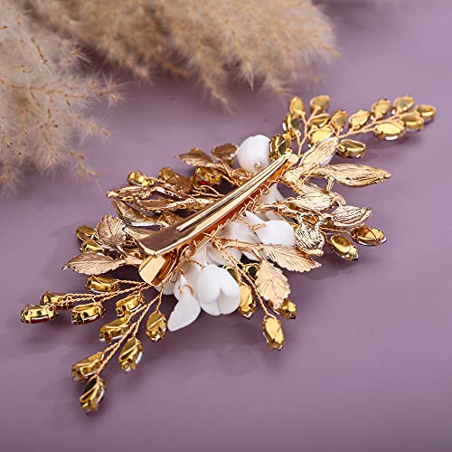 TEYGLEN Bridal Wedwer Cvijet za kosu za kosu za kosu cvjetni zlatni kristalni list kose bareta ručno rađena vjenčana