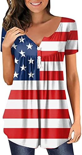 CGGMVCG Womens Tops Američki 4. jula Zastava štampana V vrat kratki rukav Henley majice ljetne Casual